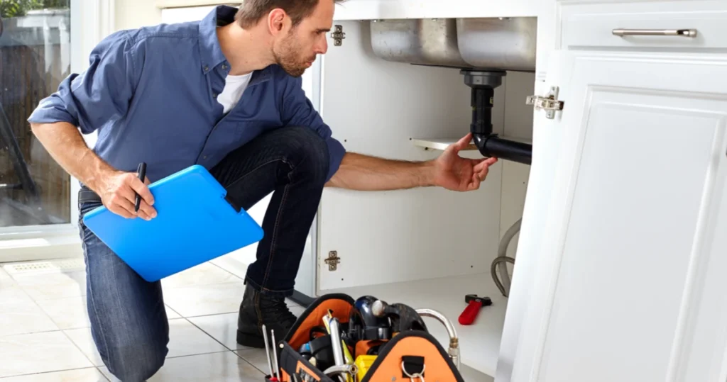 Plumber inspecting sink plumbing